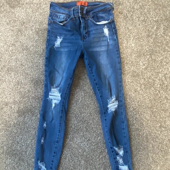 Wax Jean Ripped Distressed Skinny Medium Blue Denim Jeans Size Small 5 - Picture 1 of 6